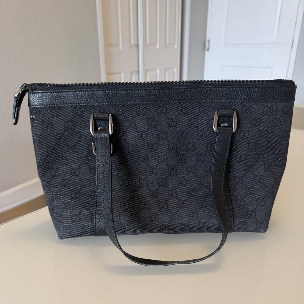 Gucci Black GG Canvas Abbey Tote with Leather Trim